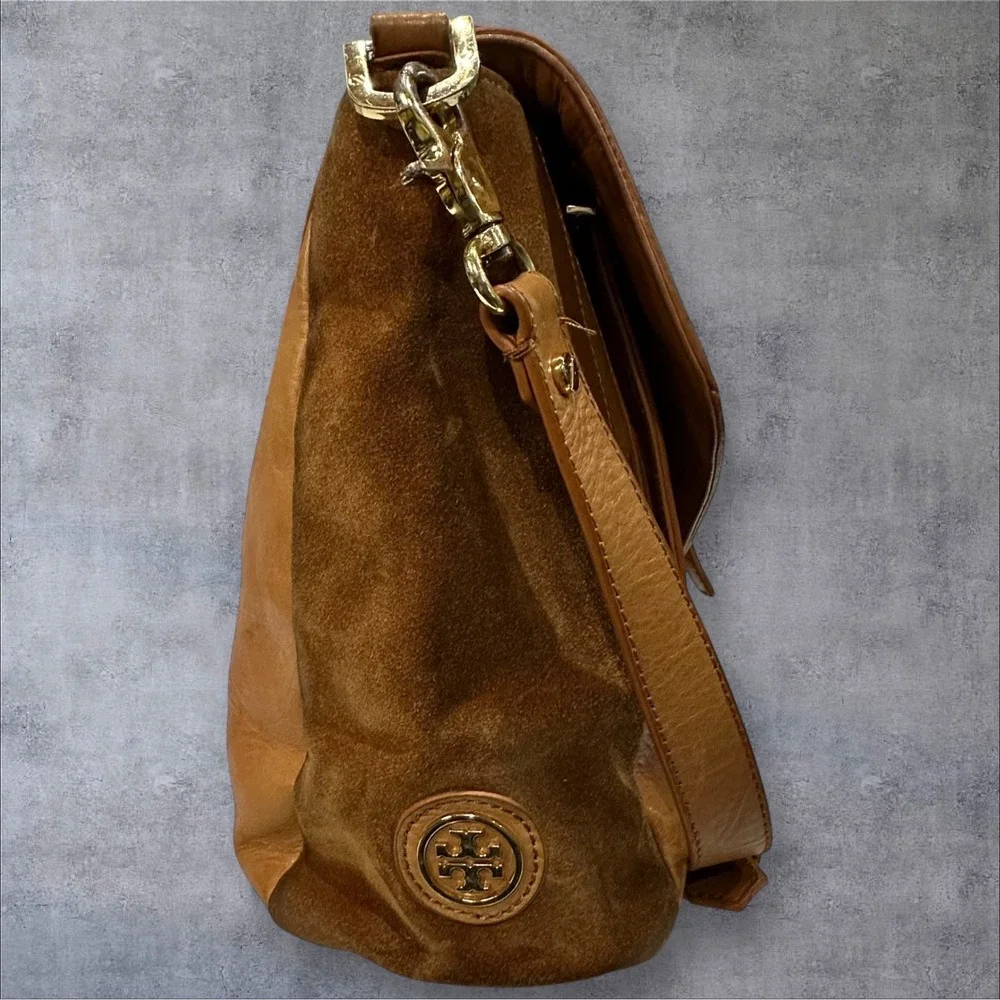 Tory Burch 797 Satchel Bag Womens Medium Tan Suede Leather Crossbody HTF-READ